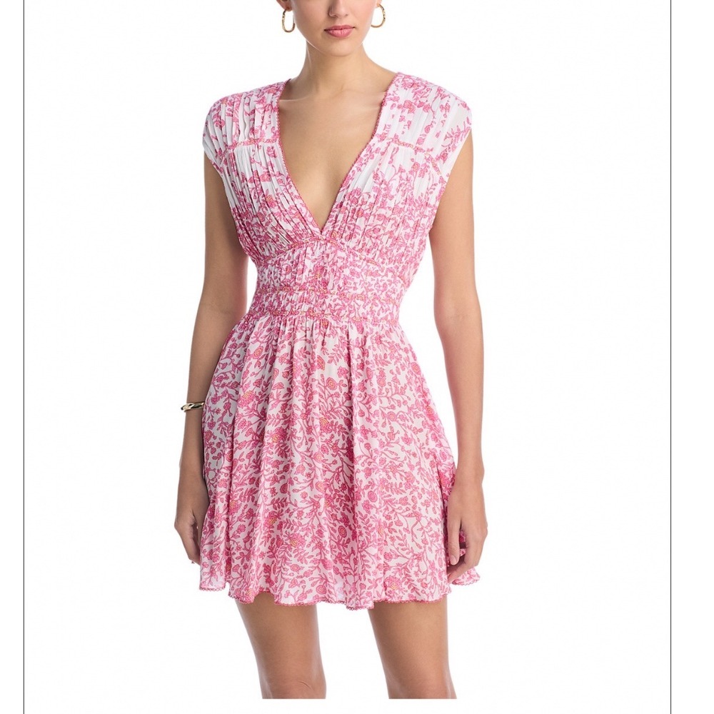 Poupette St. Barth Ciao Mini Dress Pink Lazuli Floral V-Neck XL WCIS25NBLZP